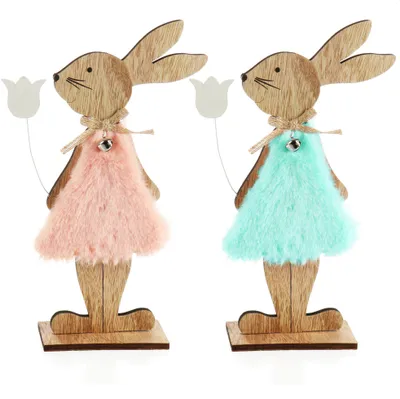 Produktbild von COM-FOUR® 2x Deko Aufsteller für Ostern - Osterhase im Kleid mit Blume - Osterdeko zum Hinstellen - Osterdekoration aus Holz