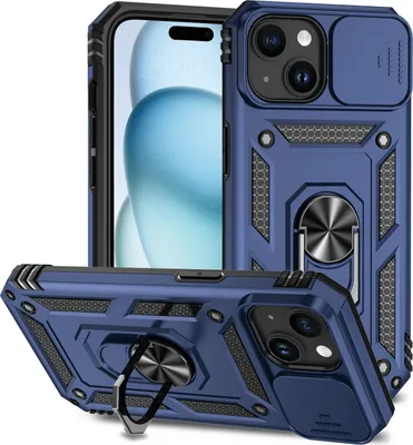 Image de Étui pour iPhone 15 étui double couche avec couvercle coulissant pour appareil photo et support annulaire bleu