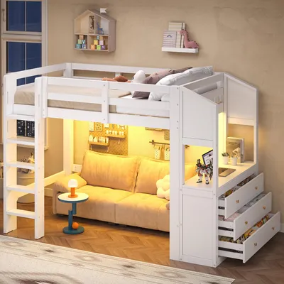 Produktbild von Hochbett 90x200 mit 3 Schubladen, Regalen und LED-Beleuchtung, Kinder Hochbett mit Stauraum, platzsparendes Bett für Schlafzimmer, Weiß