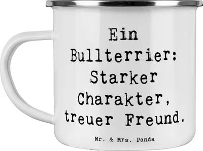 Produktbild von Mr. & Mrs. Panda Teetasse Spruch Bullterrier Freund - Weiß - Geschenk, Emaille Tasse, Treue, Loyalität, Pott, Campingbecher, starker Charakter, treuer, metallbecher