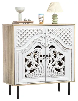 Image de Buffet de style rustique, gris, en bois, avec étagère réglable, dimensions : 80 x 35 x 87 cm