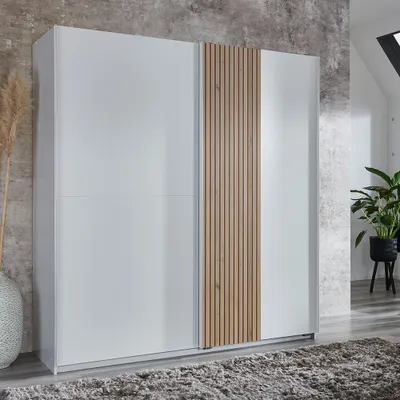 Produktbild von Schwebetürenschrank 180cm, weiß mit Eiche, LECCO-43