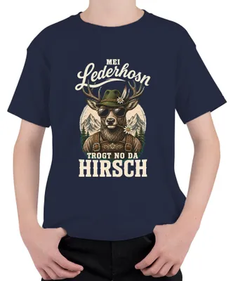 Obrázek produktu pro Dětské tričko "Hirsch  Bayern" s motivem tradičních bavorských kalhot, tmavě modré barvy, velikost 140