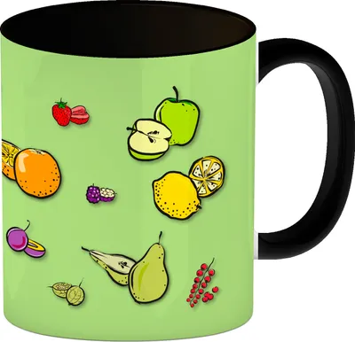 Produktbild von Kaffeebecher Schwarz in grün zum Thema Obst mit verschiedenen Früchten