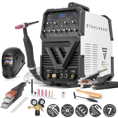 Immagine prodotto di Saldatrice ad arco schermato STAHLWERK AC/DC TIG 200 Pulse ST - completamente attrezzata - inverter IGBT con modalità AC, MMA fino a 200 A, modalità 2T/4T, alluminio e lamiere sottili