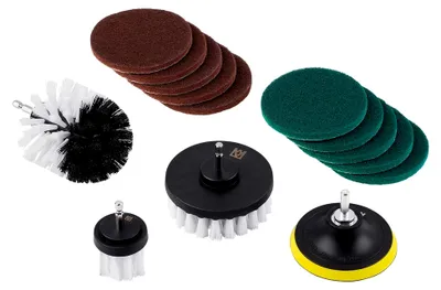 Produktbild von Bürstenaufsatz-Set 14-teilig - Für Bohrmaschine & Akkuschrauber - 3 Bürsenaufsätze, Klett-Teller & 10 Polierscheiben - Für Küche, Bad, Auto & Co. / Reinigungsbürsten/Bohrerbürsten / 8910400