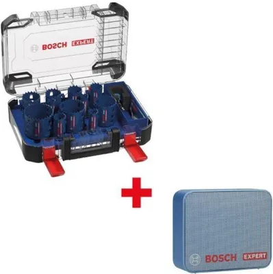 A Bosch hole saw set and a JBL Bluetooth speaker are displayed against a white background, with a plus sign between them.