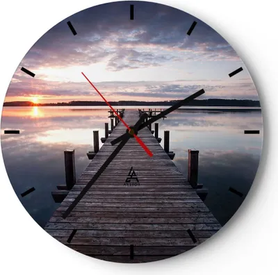 Produktbild von Wanduhr - Rund - Glasuhr - Fußgängerbrücke See Sonnenuntergang Abend - 30x30cm - Schleichendes Uhrwerk - Lautlos - zum Aufhängen bereit - Dekoration Modern - Wanddekoration aus Glas - C3AR30x30-2635