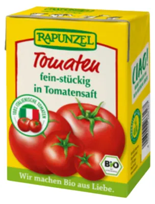 Image de Tomates bio Rapunzel finement coupées dans leur jus, conditionnées dans un emballage préservant leur arôme, 390 g