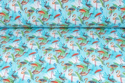 Obrázek produktu pro Plátno bavlněné, plameňák na modré, metráž, látky / 50cm