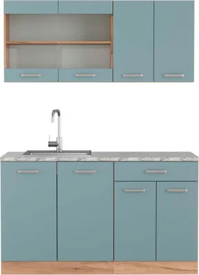 Produktbild von Singleküche Vicco R-Line Blau-Grau/Goldkraft Eiche 140 cm , AP Marmor, Model 43313