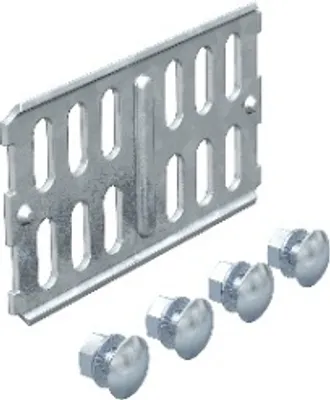 A metal bracket and four bolts on a white background.