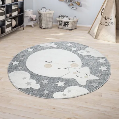 Immagine prodotto di Tappeto per bambini Camera dei bambini Tappeto da esterno Tappeto da gioco Effetto 3D Luna Grigio Dimensioni Ø 160 cm Rotondo