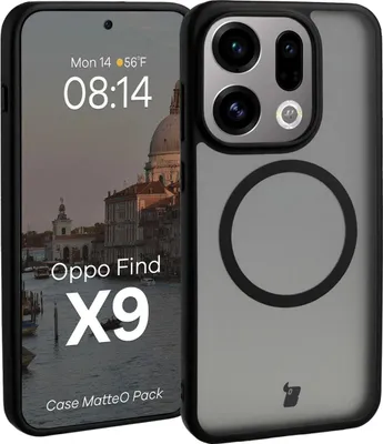 Produktbild von Schutzhülle mit Magnetring + gehärtetem Glas für Oppo Find X9, Bizon MatteO Pack, Getönt-Schwarz