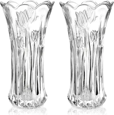 Produktbild von Paket von 2 Glasblumenvasen, 24 cm große Glasvase für Tischarrangements, moderne transparente Rosenvase, robuste kristallene hohe zylindrische Vase mit auslaufendem Rand für Zuhause, Hochzeit, Wohnzimmer, Büro.
