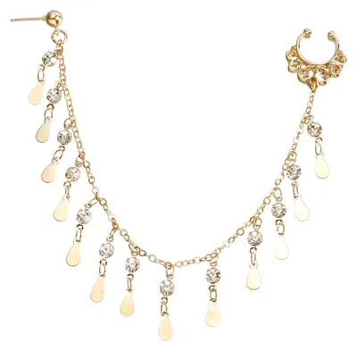 Produktbild von Damen-Nasen-zu-Ohr-Kette mit Quaste, nicht durchdringendes Metall, glänzender, allergener Creolenring ZW1681, Gold, Einheitsgröße