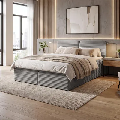 Produktbild von Beautysofa Boxspringbett LARS 140x200 cm Hellgrau Komplett-Set mit Bonell H3 Matratze und Topper, Polsterbett mit 2 Bettkasten Cordstoff TILIA