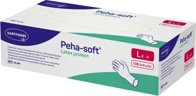 A box of Peha-soft Latex protect examination gloves.