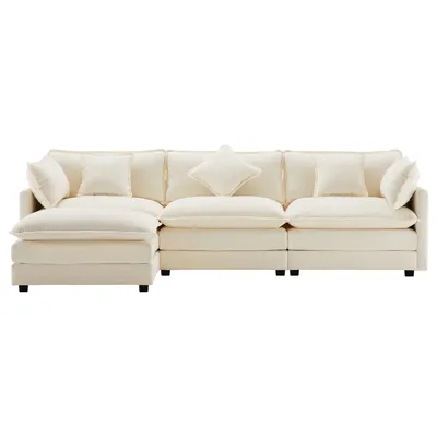 Produktbild von Ecksofa mit Hocker, Zier- und Armlehnenkissen, L-Form, Chenille, Wohnzimmersofa