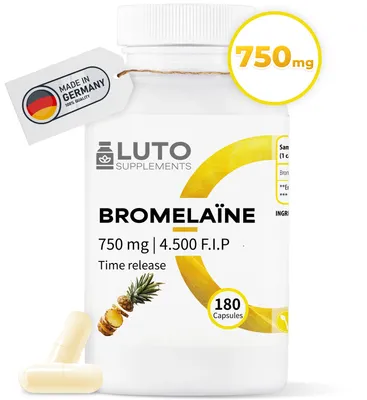 Image de Bromélaïne - 750 mg (4500 F.I.P) - 180 gélules gastro-résistantes (DRcaps®) - Enzyme digestive naturelle à base d'extrait d'ananas - végétalien - Luto Supplements