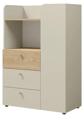 Produktbild von Yuki Regal 80 cm mit 1 Tür, 3 Schubladen und offenem Fach – Graubeige / Eiche geölt