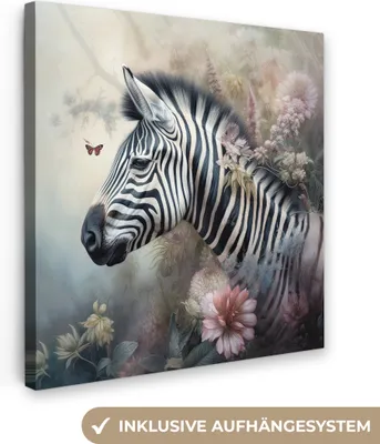 Produktbild von MuchoWow® - Leinwandbilder - Zebra - Wilde Tiere - Schmetterling - Blumen, Wandbild, Wanddeko Bilder Wohnzimmer, 20x20 cm