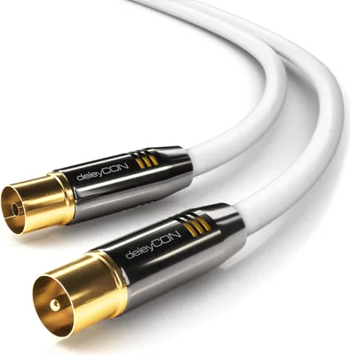 Produktbild von deleyCON 1,5m TV Antennenkabel Koaxialkabel TV Kabel HDTV FULL HD - TV-Stecker zu TV-Buchse - Metallstecker - Analog Digital - Weiß