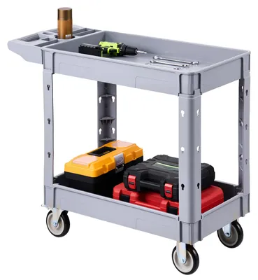 Image de Chariot de service VEVOR, chariot d'atelier, chariot mobile en PP, 1010 x 440 x 845 mm, gris. Chariot à outils avec une capacité de charge de 250 kg, comprenant 2 étagères, 4 roulettes et une poignée avec un compartiment de rangement. Chariot polyvalent pour garage, entrepôt, atelier