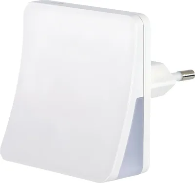 A white LED night light with a plug is shown against a white background.