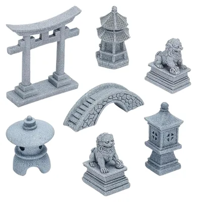 Produktbild von 7-teiliges Set mit 6 Stilen für Mini-Zen-Garten Zubehör, Gartendekoration für Mikrolandschaften mit Figuren wie Löwe, Leuchtturm und Tower Bridge für Balkon, Garten und Aquarien