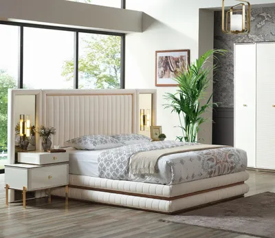 Produktbild von Modern Schlafzimmer Set Bett + 2x Nachttische Design Möbel 3 tlg. Beige