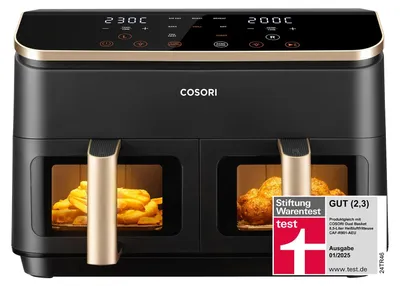 Zdjęcie produktu dla Fritownica bezolejowa Cosori o pojemności 8,5 litra, z podwójną komorą, okienkiem umożliwiającym podgląd, 6 funkcji, energooszczędna, kolor złoty