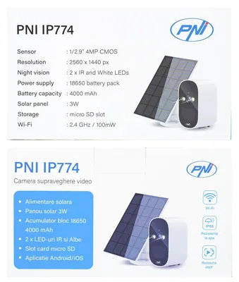 Imagen del producto de Cámara de videovigilancia PNI IP774 de 4MP, panel solar de 3W, batería integrada de 4000 mAh, detección de movimiento, ranura para tarjetas Micro-SD, visión nocturna, audio bidireccional