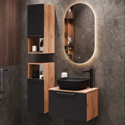Produktbild von Planetmöbel Waschtischunterschrank Astra 60 cm gold eiche / anthrazit mit Aufsatzwaschbecken schwarz und 2x Midischrank gold eiche / anthrazit