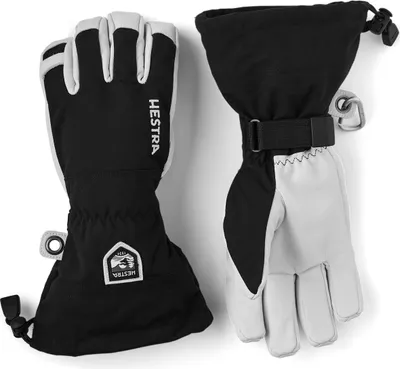 Skihandschuhe "Army Leather Heli Ski - 5 finger" von Hestra; schwarz mit grauen Akzenten; ideal für kalte Wetterbedingungen.