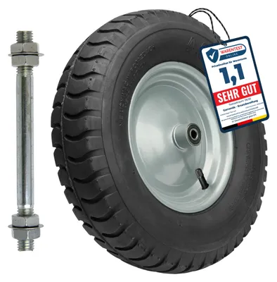 Produktbild von GARRONDA Ersatzrad Schubkarre 4.80/4.00-8 Schubkarrenrad Ø 405 mm Luftreifen 8PR Reifen bis 180 kg mit Achse Stahlfelge Kugellager für Gartenwagen Hof Baustelle GD-0163, Schwarz-Silber