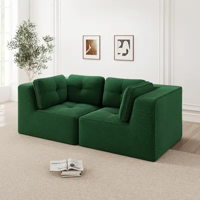 Image de Canapé modulable deux places en velours côtelé, sans structure apparente, canapé confortable en velours côtelé, 208 x 104 x 69 cm, vert