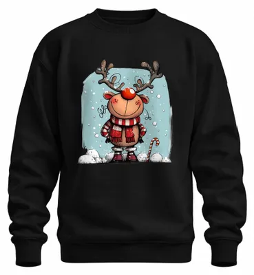 Imagen del producto de Rudolf Rentier, nariz roja, Navidad, diseño divertido, bufanda, bastón de caramelo, sudadera con cuello redondo, uni, color negro, talla 3XL