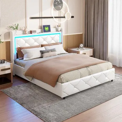 Immagine prodotto di Letto matrimoniale con struttura imbottita in ecopelle e testiera imbottita, dotato di illuminazione a LED