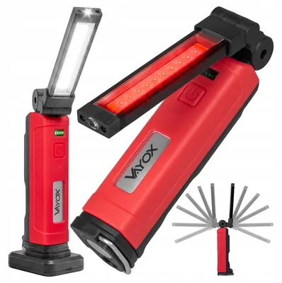 Produktbild von Wiederaufladbare LED Vayox VA0456 Werkstatttaschenlampe mit Ladestation, Magnet, Haken, Rot/Schwarz