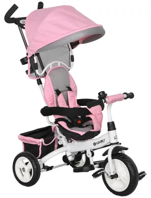 Productafbeelding van 6-in-1 kinderdriewieler met duwstang, zonnekap, veiligheidsgordel en opbergmand, voor kinderen van 1-5 jaar, roze