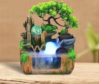 Image de Fontaine de table Fontaine d'intérieur, cascade de jardin Plante brumeuse Ornement de fontaine d'intérieur avec éclairage LED brumeux