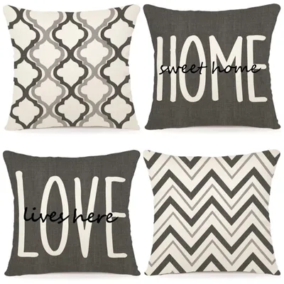 Produktbild von Set mit 4 Leinenkissenbezügen, 60 x 60 cm, geometrische Muster, grau, für Sofa, Schlafzimmer, Sessel, Außenbereich
