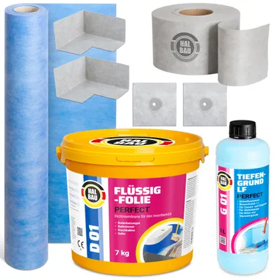 Produktbild von Dichtset Flüssigfolie 7kg Dichtband Eckenfugen Manschetten 10m2 Dichtbahn H502