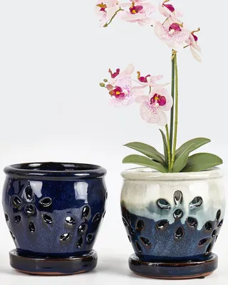 Produktbild von 10 cm keramische Orchideen-Töpfe mit Löchern und Untersetzern - 2 Stück, ideal zum Umtopfen von Orchideen, sowohl drinnen als auch draußen, fördert das Pflanzenwachstum
