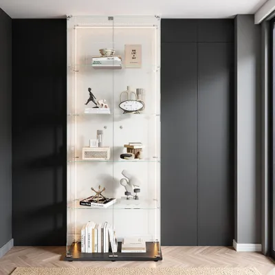 Produktbild von INONEFT Glasvitrine mit LED, Vitrinenschrank Doppeltür 5 Etagen, Hartglas, Verstellbare Einlegeböden, für Wohnzimme, 36×80×183 cm, Schwarz