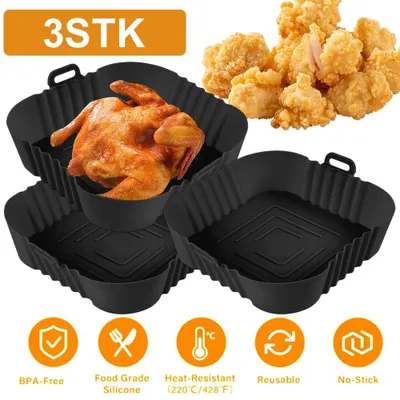 Produktbild von Airfryer-Silikonform 3-teilig quadratisch 20,9 x 20,9 x 5,3 cm mit Ölfilterrillen und Seitengriffen