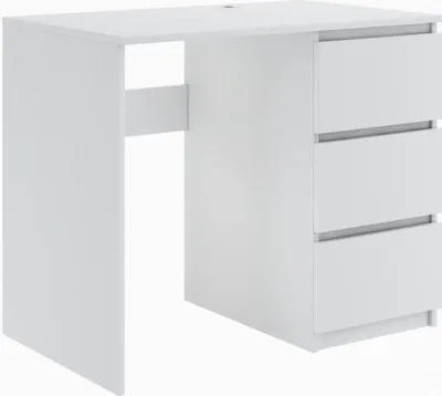 A white desk with three drawers on the right side, shown from a side-angle.