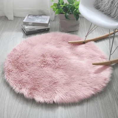 Zdjęcie produktu dla Okrągły dywan z sztucznego futra, różowy, puszysty, średnica 50 cm