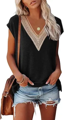 Produktbild von ASKSA Damen Kurzarm T-Shirt V-Ausschnitt Elegant Tunika Oberteile Sommer Lose Casual Tops, Schwarz, M